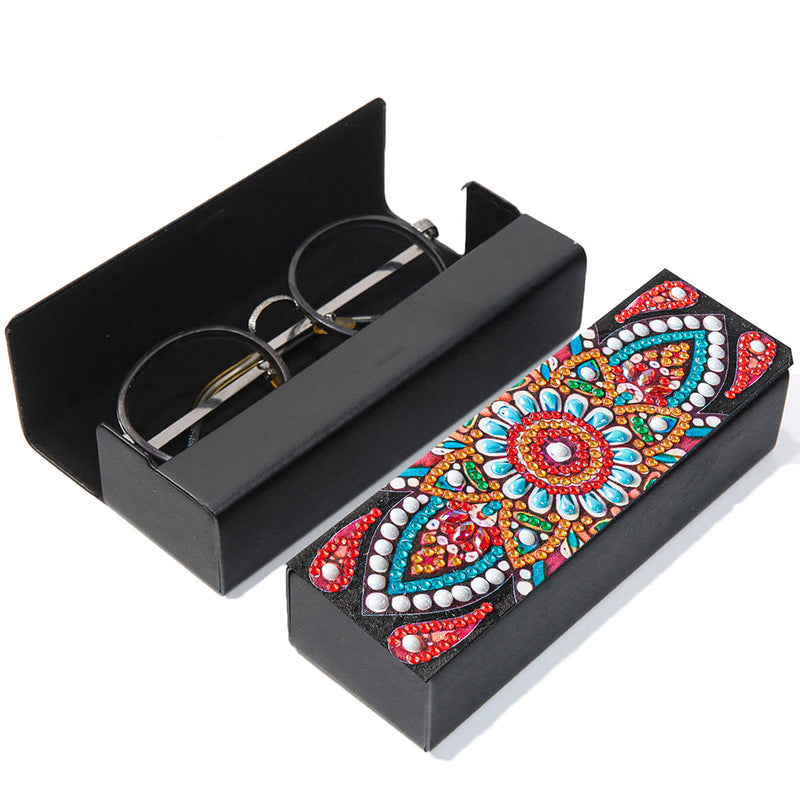 Étui de Rangement pour Lunettes en Cuir Mandala Orange Broderie Diamant