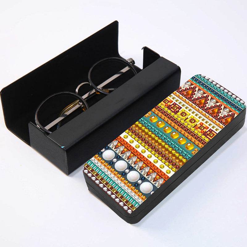 Étui de Rangement pour Lunettes en Cuir à Motif Marron Rayé Broderie Diamant