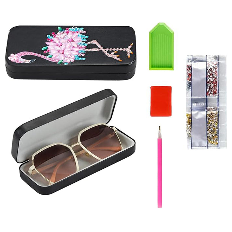 Étui de Rangement pour Lunettes en Cuir Flamingo Rose Broderie Diamant