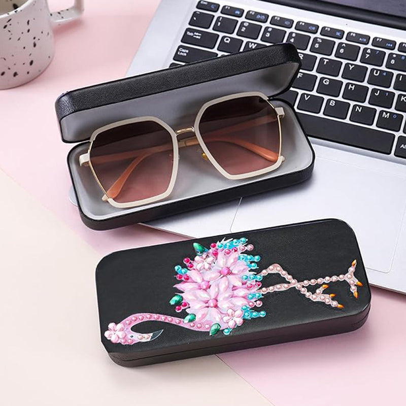 Étui de Rangement pour Lunettes en Cuir Flamingo Rose Broderie Diamant