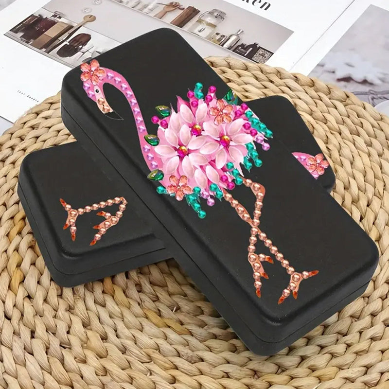 Étui de Rangement pour Lunettes en Cuir Flamingo Rose Broderie Diamant