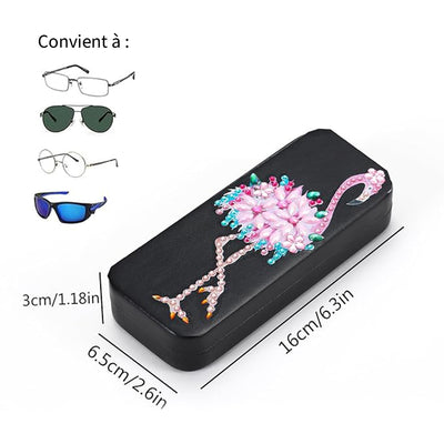 Étui de Rangement pour Lunettes en Cuir Flamingo Rose Broderie Diamant