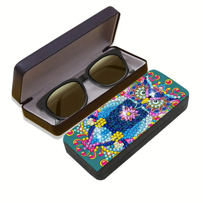 Étui de Rangement pour Lunettes en Cuir Hibou Bleu Broderie Diamant