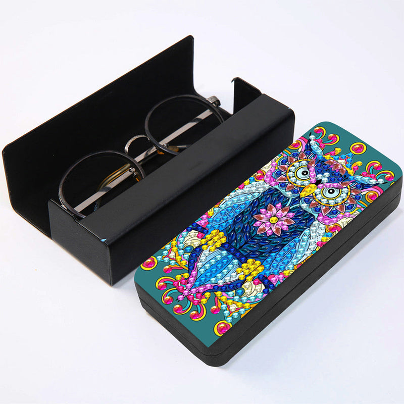 Étui de Rangement pour Lunettes en Cuir Hibou Bleu Broderie Diamant