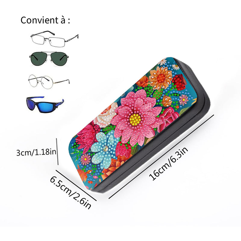 Étui de Rangement pour Lunettes en Cuir Fleurs Multicolores Broderie Diamant