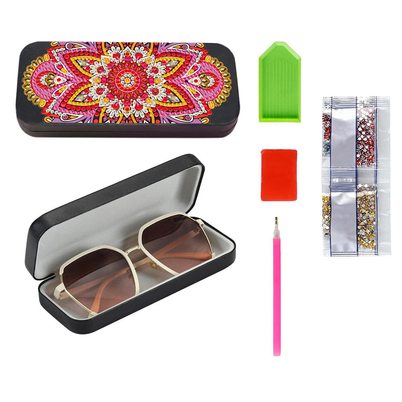 Étui de Rangement pour Lunettes en Cuir Mandala Rouge Broderie Diamant