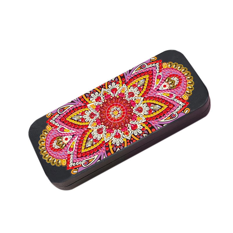 Étui de Rangement pour Lunettes en Cuir Mandala Rouge Broderie Diamant