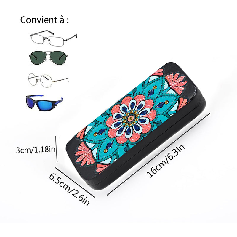 Étui de Rangement pour Lunettes en Cuir Mandala Rose et Bleu Broderie Diamant