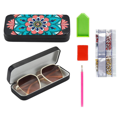 Étui de Rangement pour Lunettes en Cuir Mandala Rose et Bleu Broderie Diamant