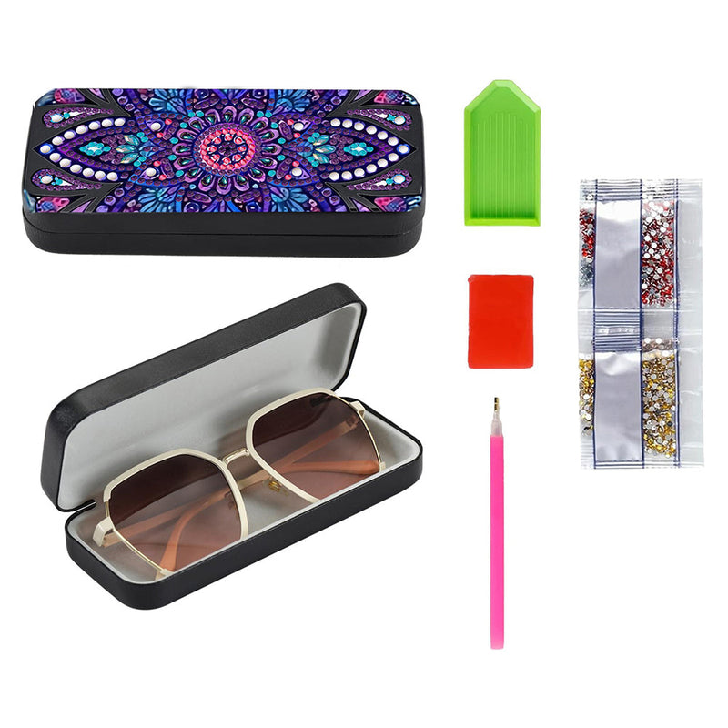 Étui de Rangement pour Lunettes en Cuir Mandala Violet Broderie Diamant