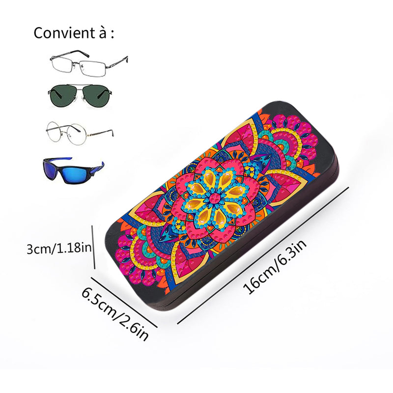 Étui de Rangement pour Lunettes en Cuir Mandala Fleur Rouge Broderie Diamant