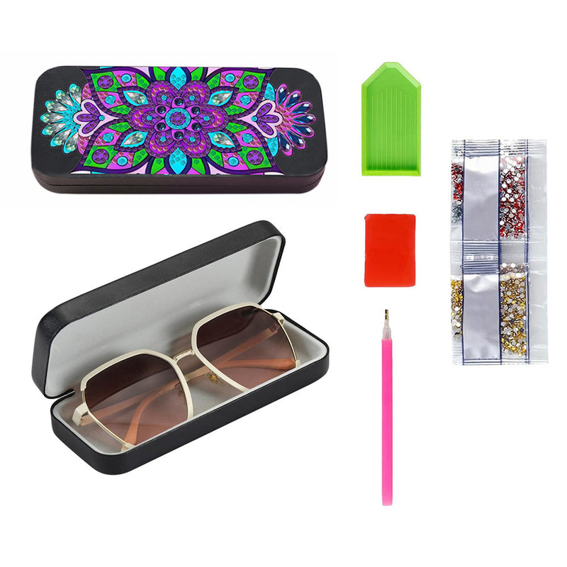 Étui de Rangement pour Lunettes en Cuir Mandala Fleur Violette Broderie Diamant