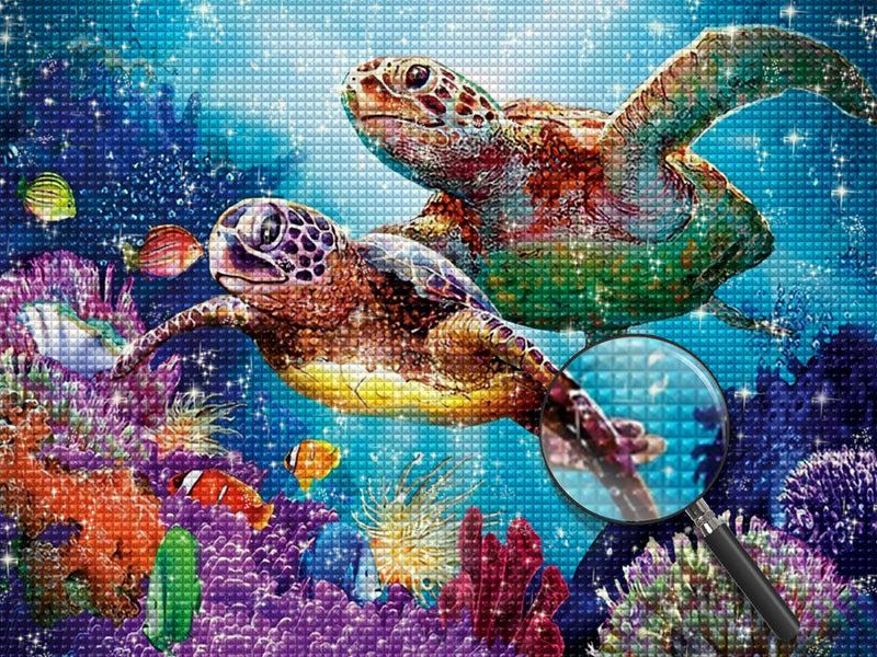 Couple de Tortues Marines et les Poissons Broderie Diamant