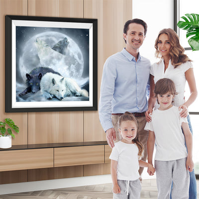 Couple de Loups avec la Lune Claire Broderie Diamant