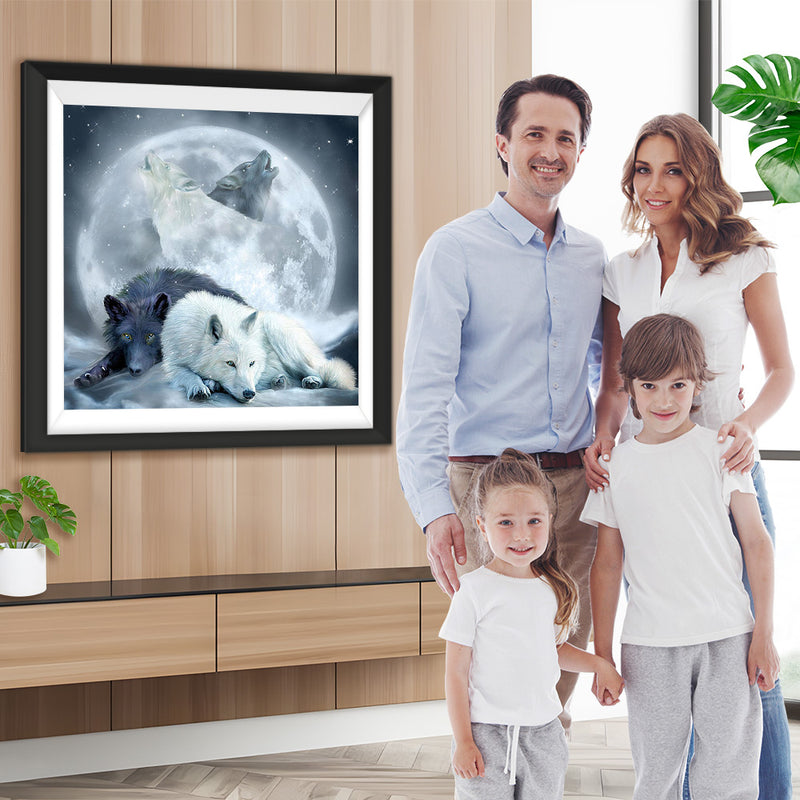 Couple de Loups avec la Lune Claire Broderie Diamant