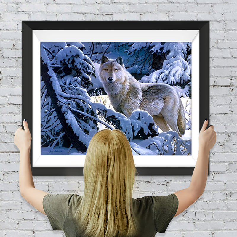 Loup Gris dans la Neige Broderie Diamant
