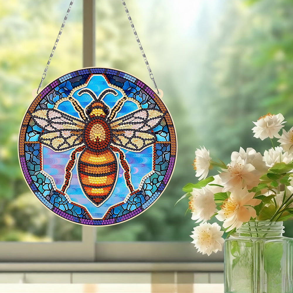 Abeille Reine Dorée en Acrylique Pendentif Broderie Diamant