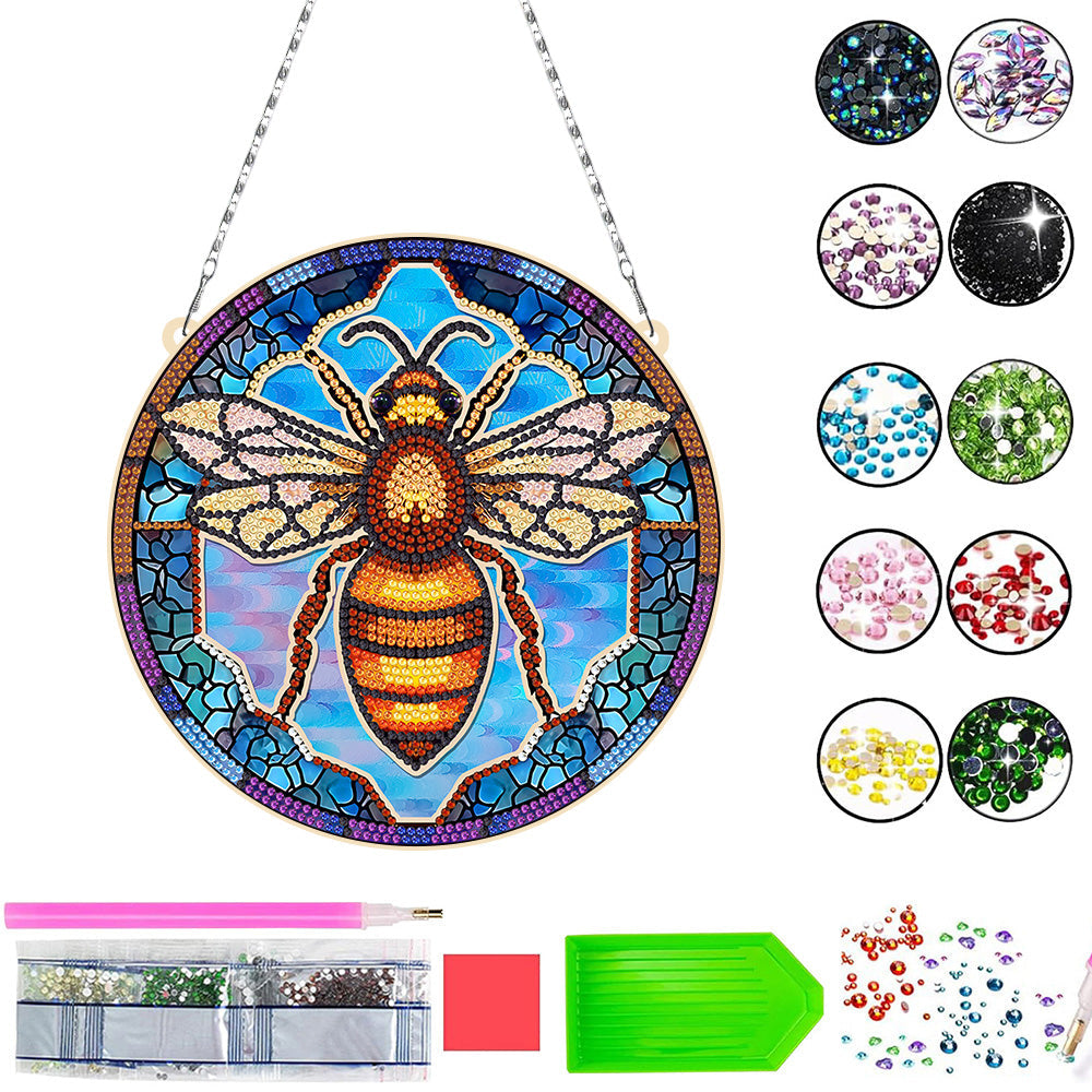 Abeille Reine Dorée en Acrylique Pendentif Broderie Diamant