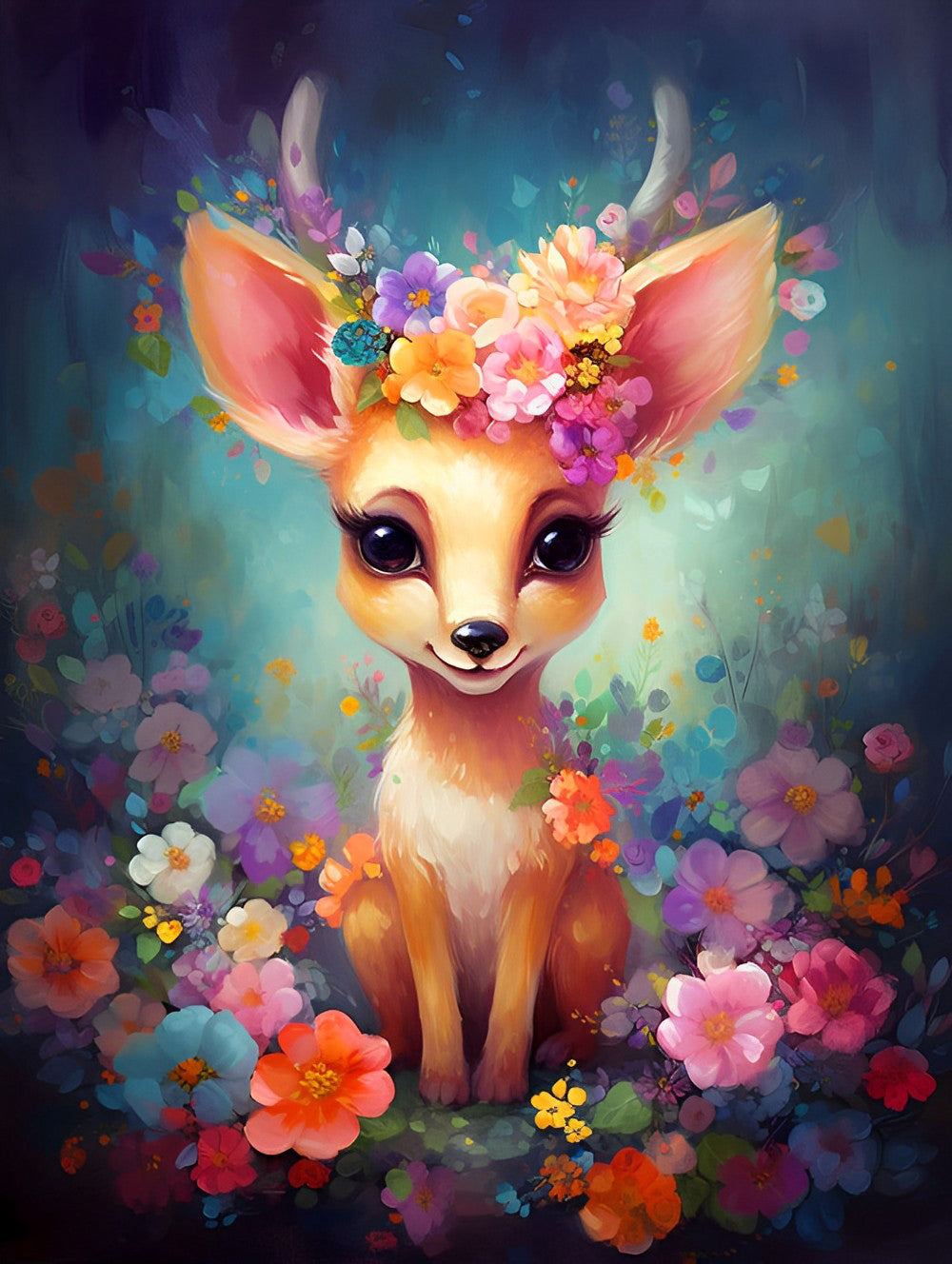 Adorable Bambi et Fleurs Broderie Diamant