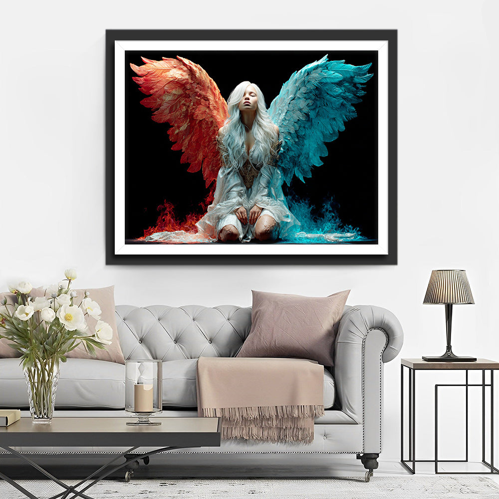 Ange aux Cheveux Blancs avec des Ailes de Glace et de Feu Broderie Diamant