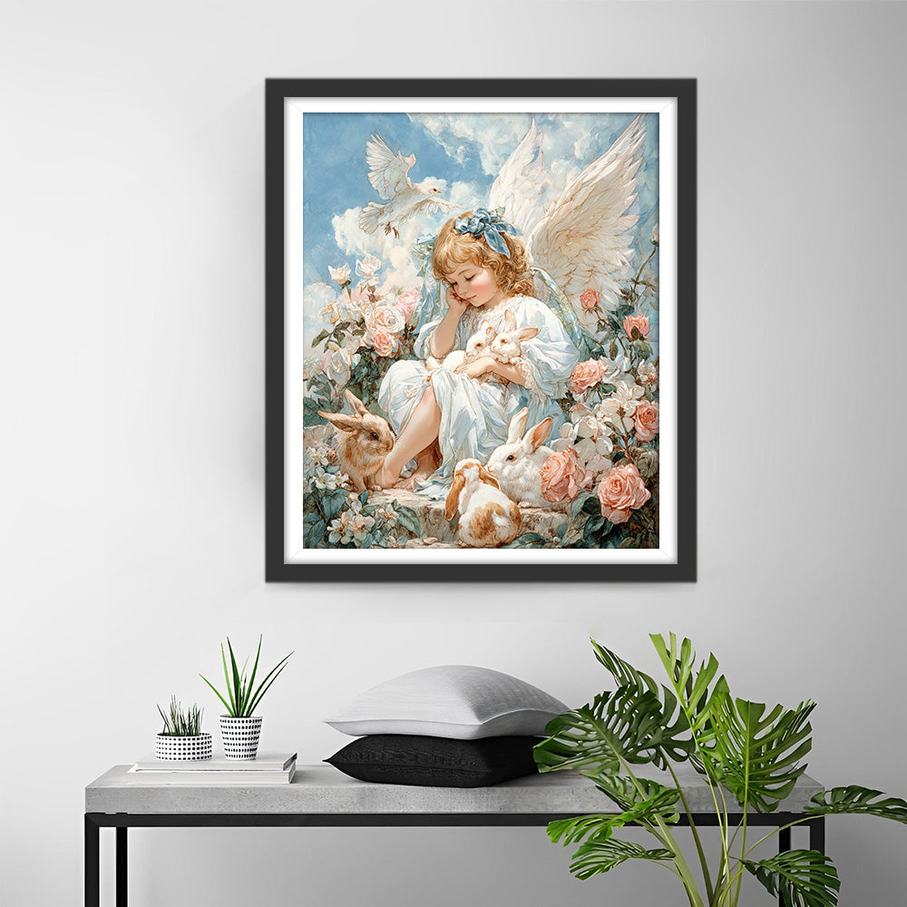 Ange et Lapins Entourés de Fleurs Broderie Diamant