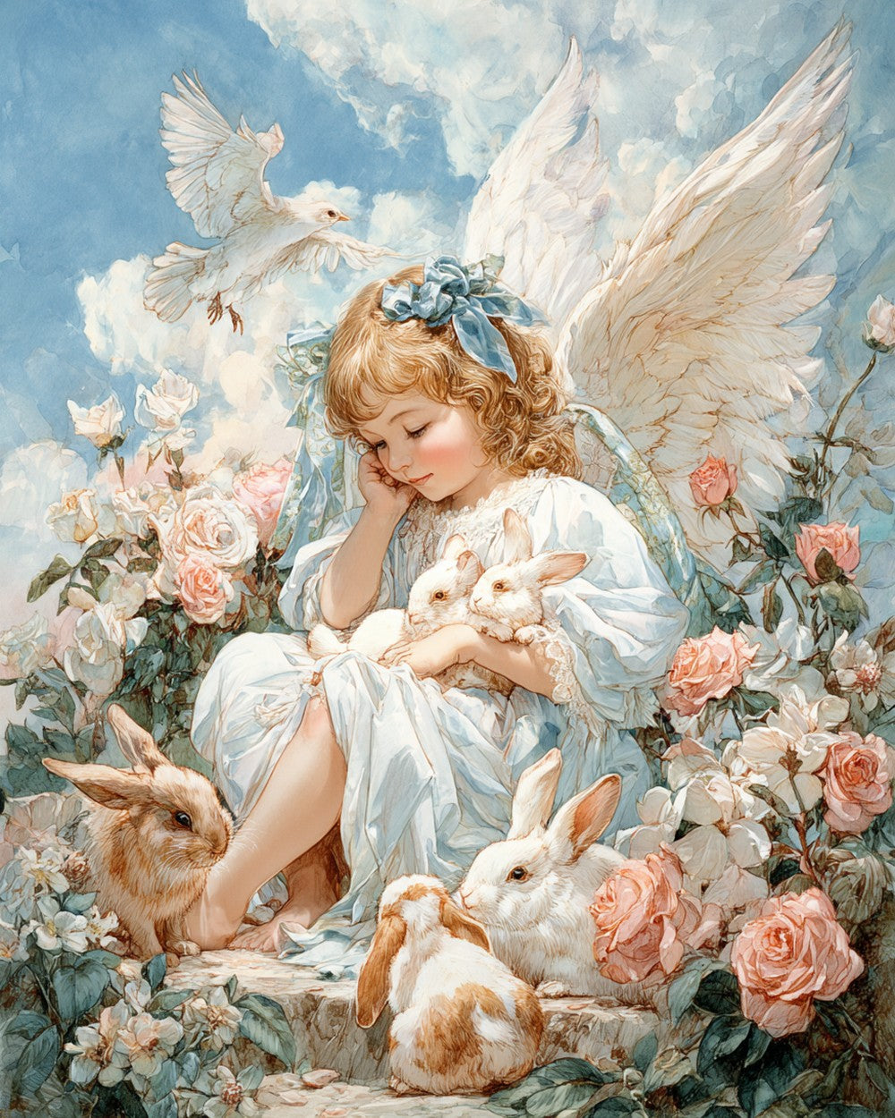 Ange et Lapins Entourés de Fleurs Broderie Diamant