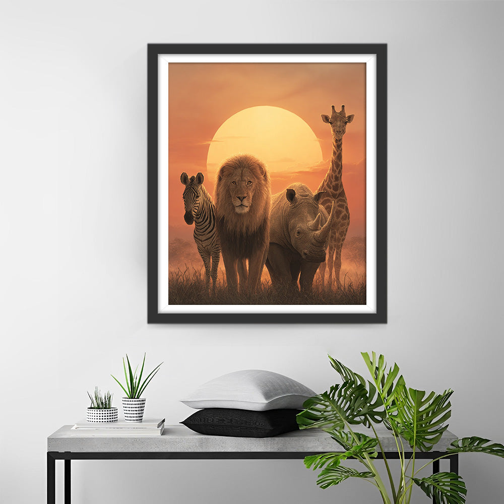 Animaux de la Savane Africaine au Coucher du Soleil Broderie Diamant