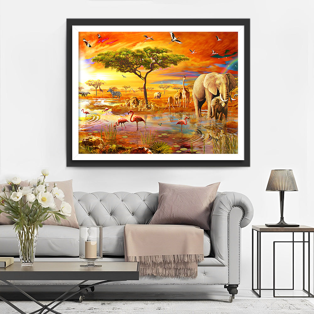 Animaux de la Savane Africaine au Crepuscule Broderie Diamant