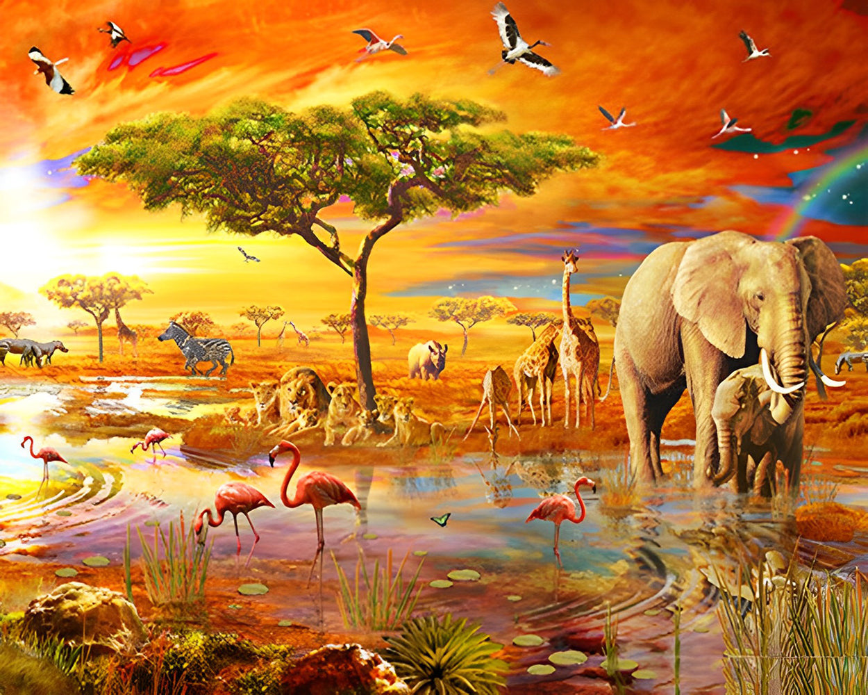 Animaux de la Savane Africaine au Crepuscule Broderie Diamant