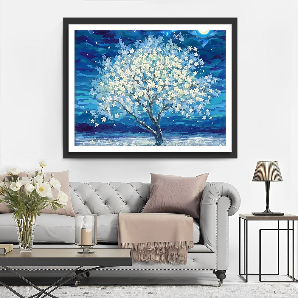 Arbre à Fleurs Blanches Broderie Diamant