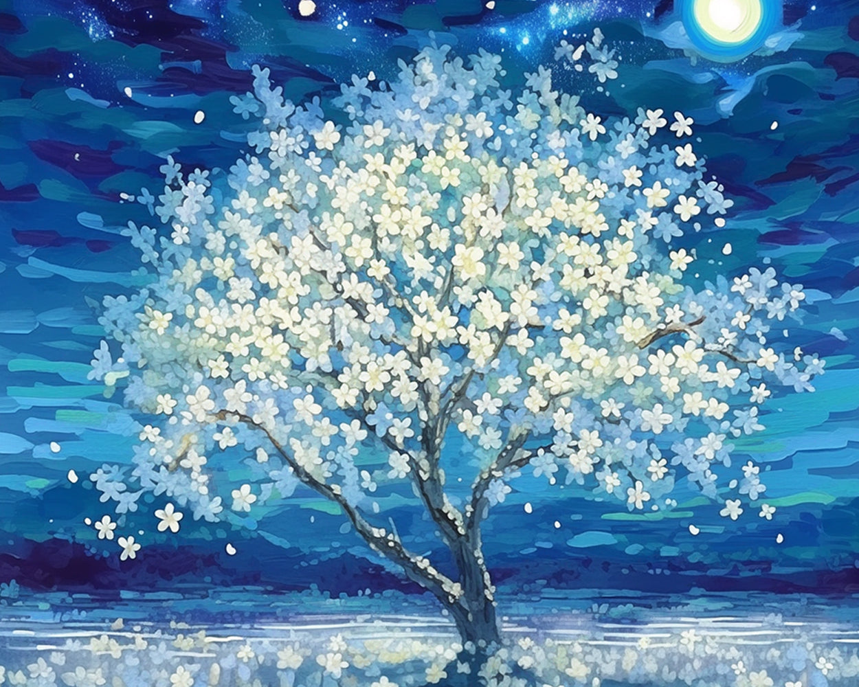 Arbre à Fleurs Blanches Broderie Diamant