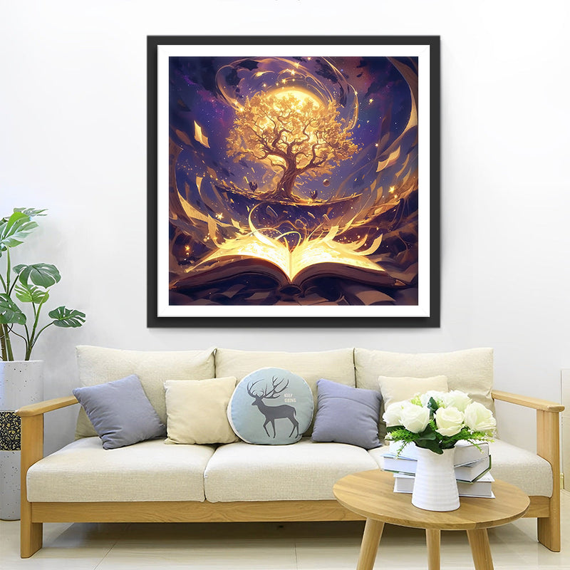 Arbre Abstrait, Lune et Livre Broderie Diamant
