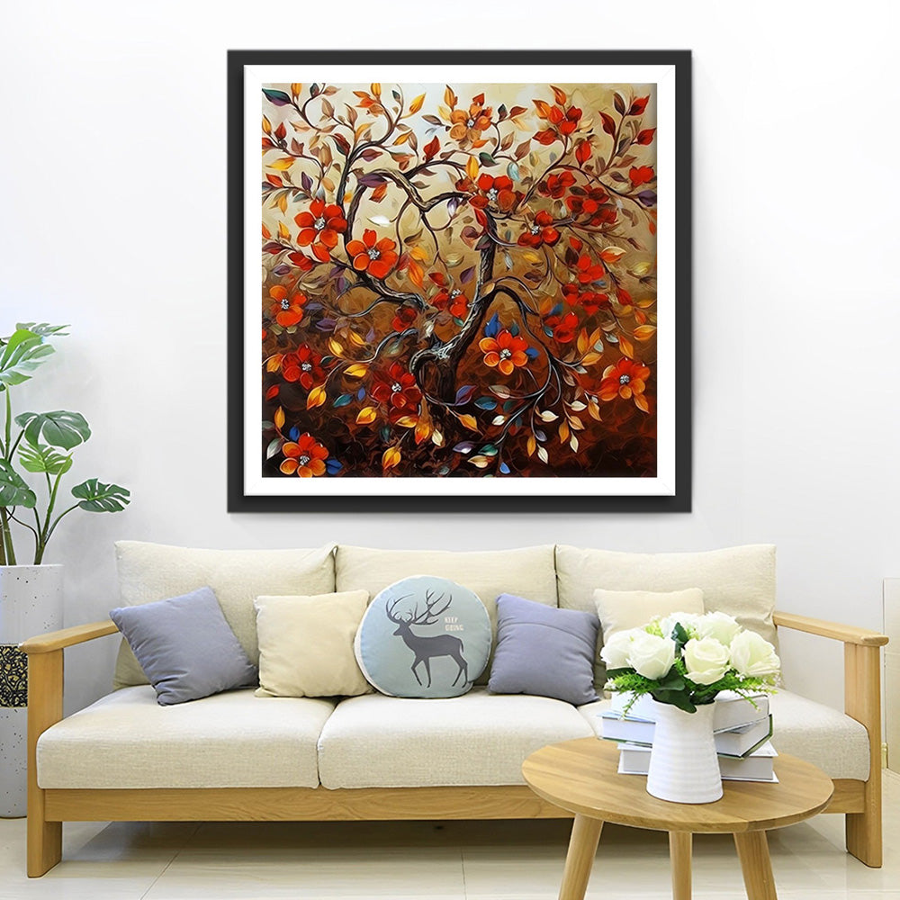 Arbre aux Fleurs Rouges Broderie Diamant