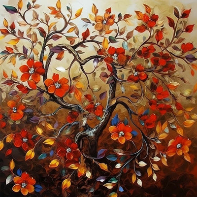 Arbre aux Fleurs Rouges Broderie Diamant