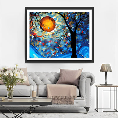 Arbre Bleu Abstrait et Lune Broderie Diamant