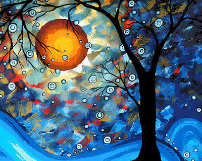 Arbre Bleu Abstrait et Lune Broderie Diamant
