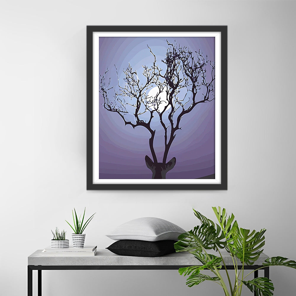 Arbre Bois de Cerf et Lune Solitaire Broderie Diamant