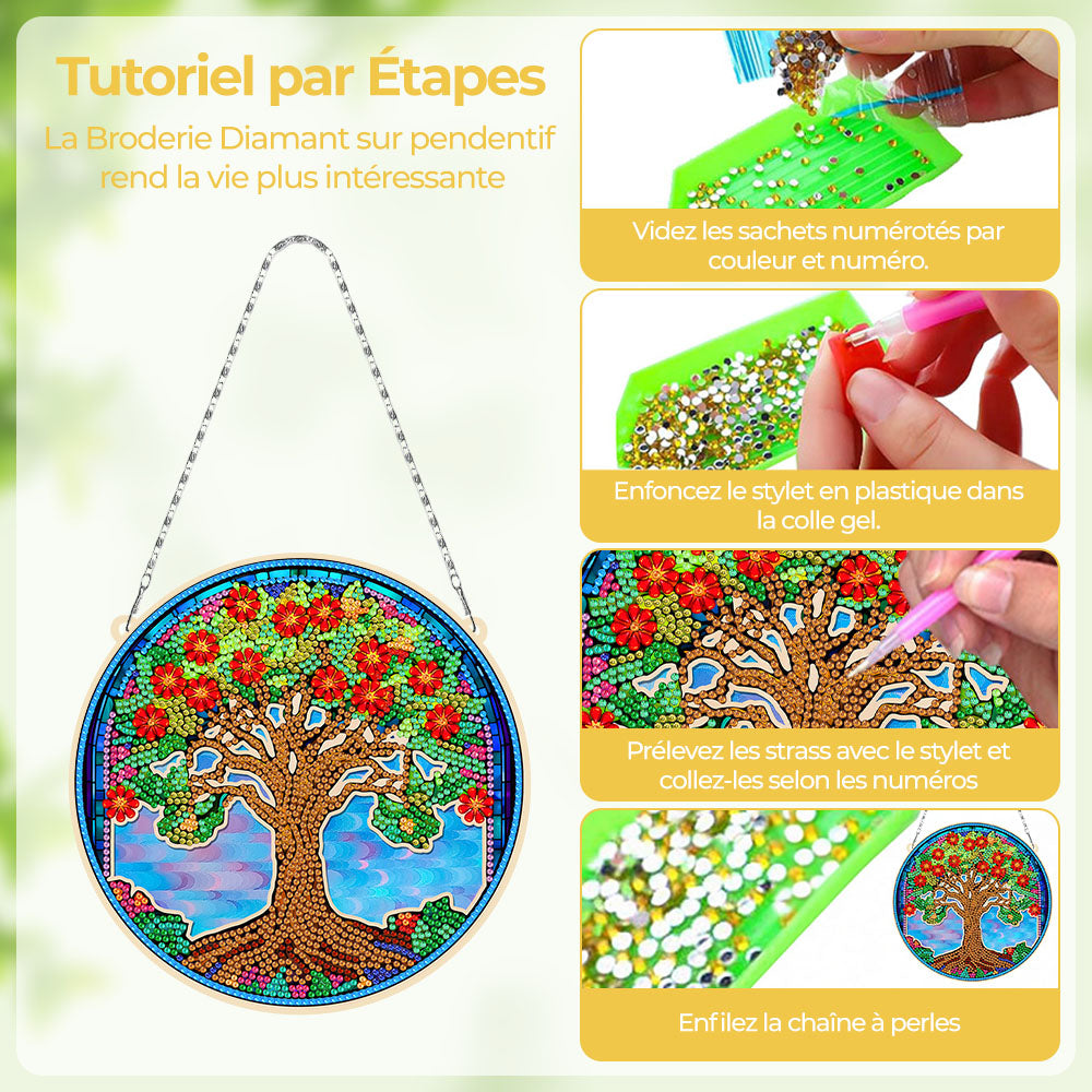 Arbre Couvert de Fleurs Rouges en Acrylique Pendentif Broderie Diamant