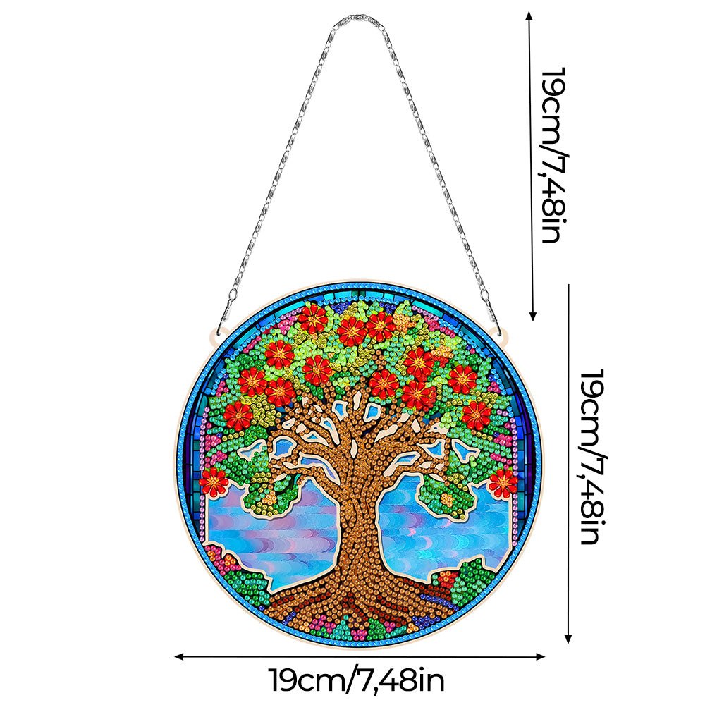 Arbre Couvert de Fleurs Rouges en Acrylique Pendentif Broderie Diamant