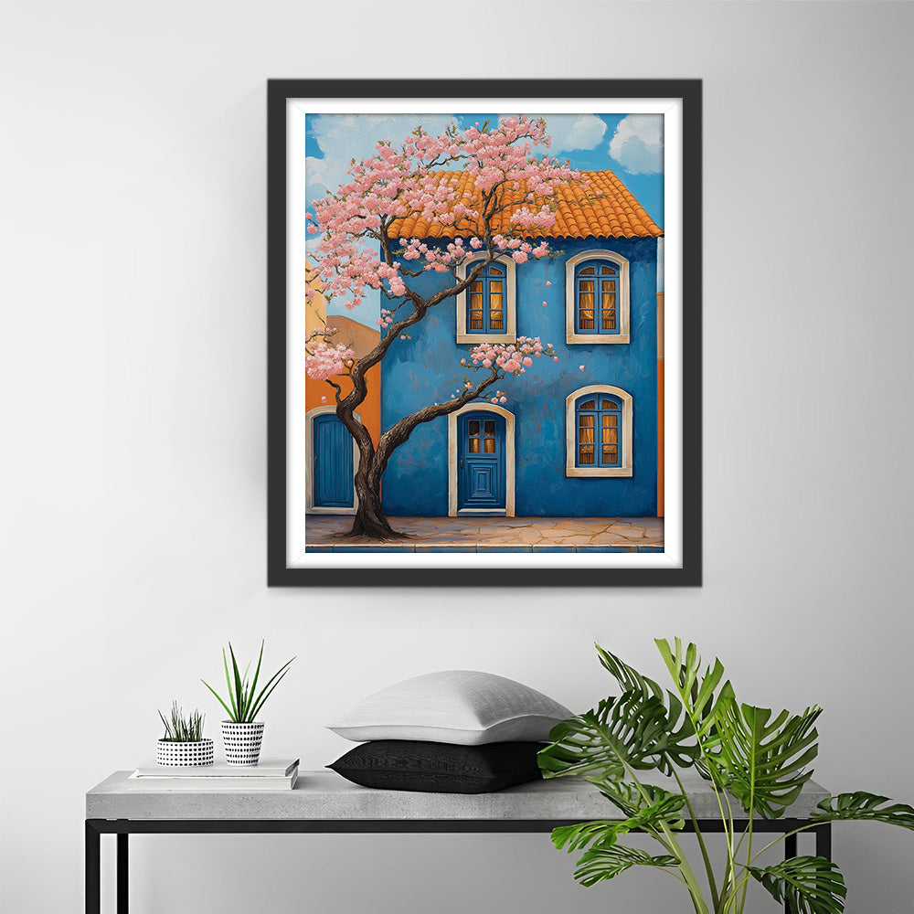 Arbre en Fleurs Roses Devant Maison Bleue Broderie Diamant