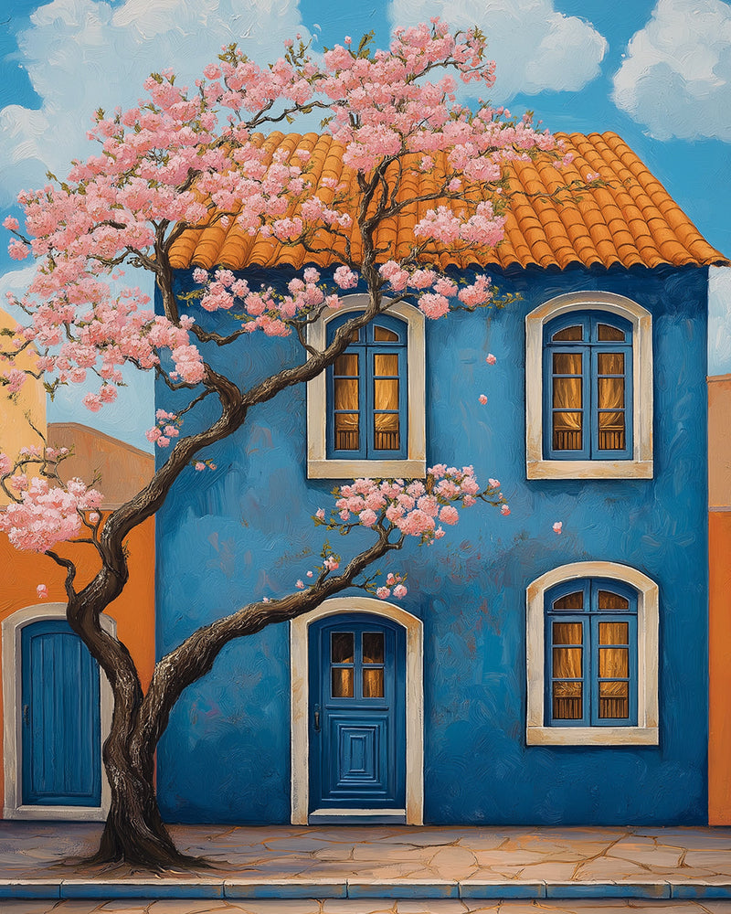 Arbre en Fleurs Roses Devant Maison Bleue Broderie Diamant