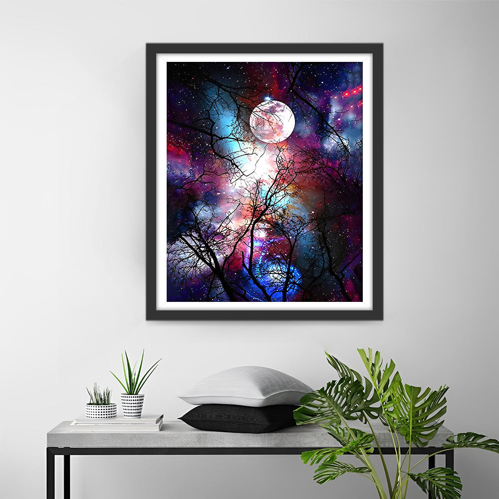 Arbre et Lune sous le Ciel Étoilé Violet Broderie Diamant