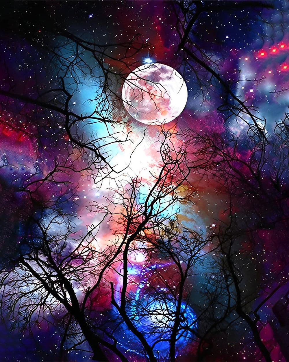 Arbre et Lune sous le Ciel Étoilé Violet Broderie Diamant