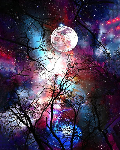 Arbre et Lune sous le Ciel Étoilé Violet Broderie Diamant