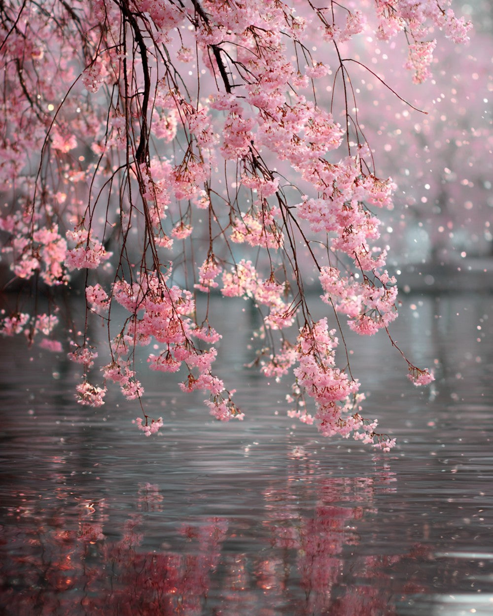 Arbre Fleuri Rose sur l'Eau Broderie Diamant