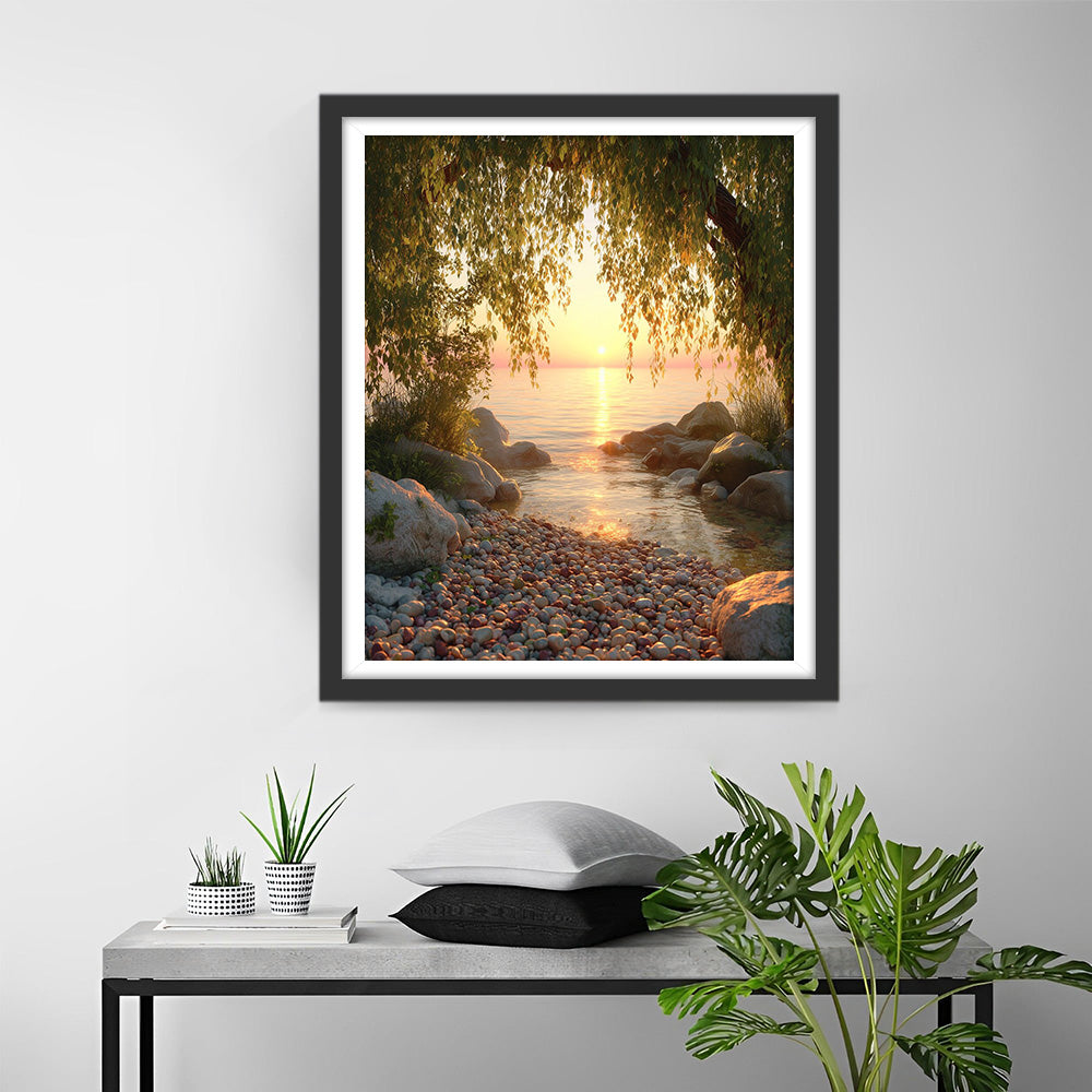 Arbre Géant au Bord du Lac au Lever du Soleil Broderie Diamant