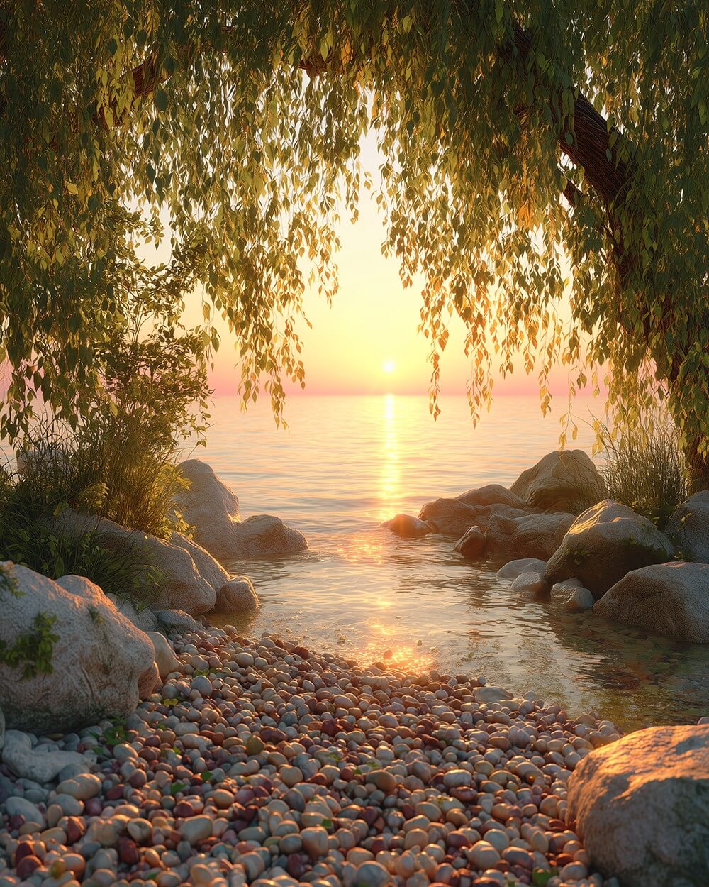 Arbre Géant au Bord du Lac au Lever du Soleil Broderie Diamant