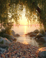 Arbre Géant au Bord du Lac au Lever du Soleil Broderie Diamant