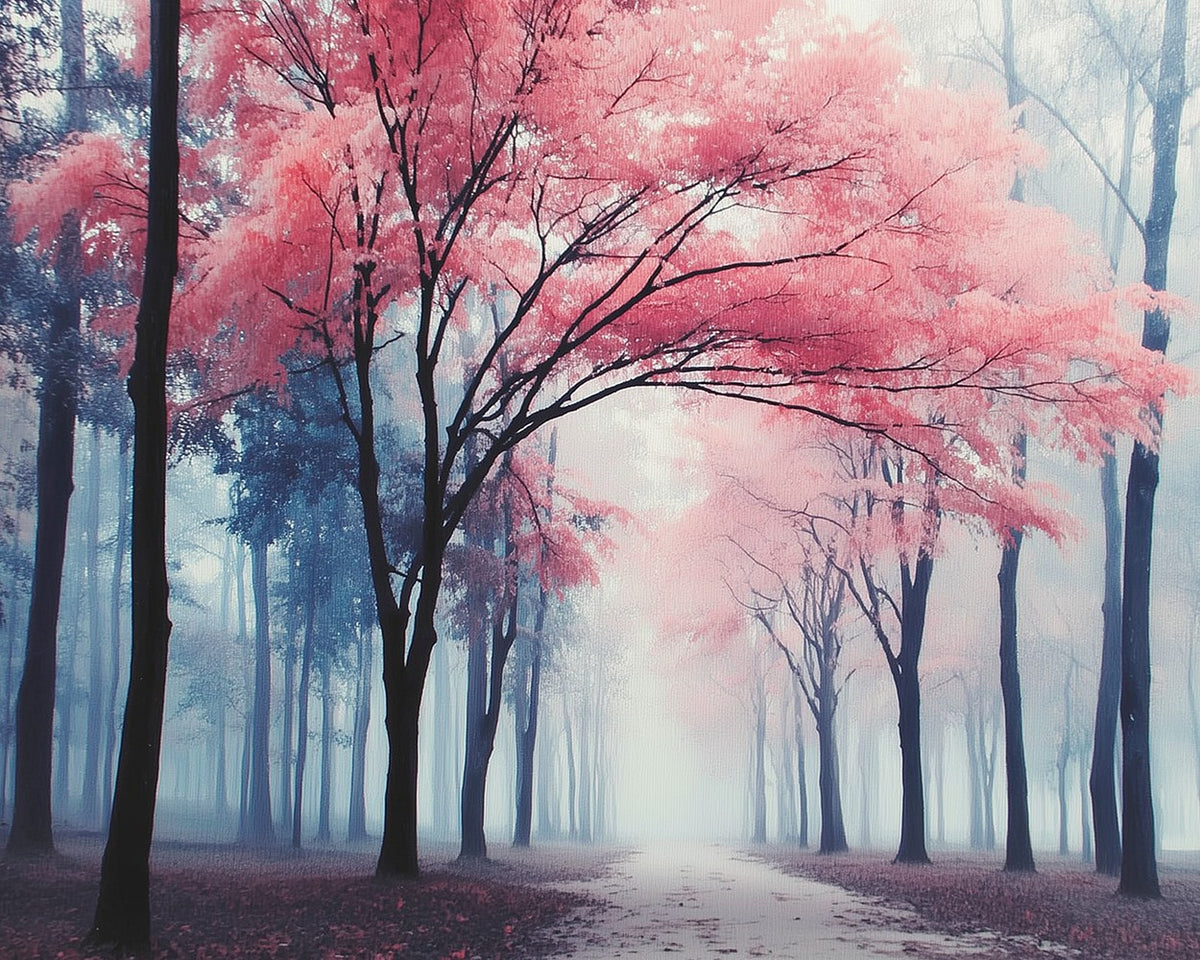 Arbre Rouge dans la Brume de la Forêt Broderie Diamant