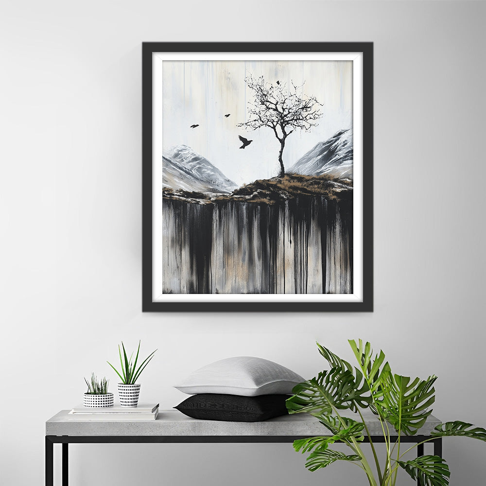 Arbre Solitaire et Corbeaux sur la Falaise Broderie Diamant